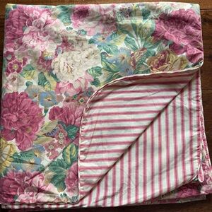 Custom Handmade Cotton Floral & Pink/Ivory Stripe Reversible Full Duvet Cover.